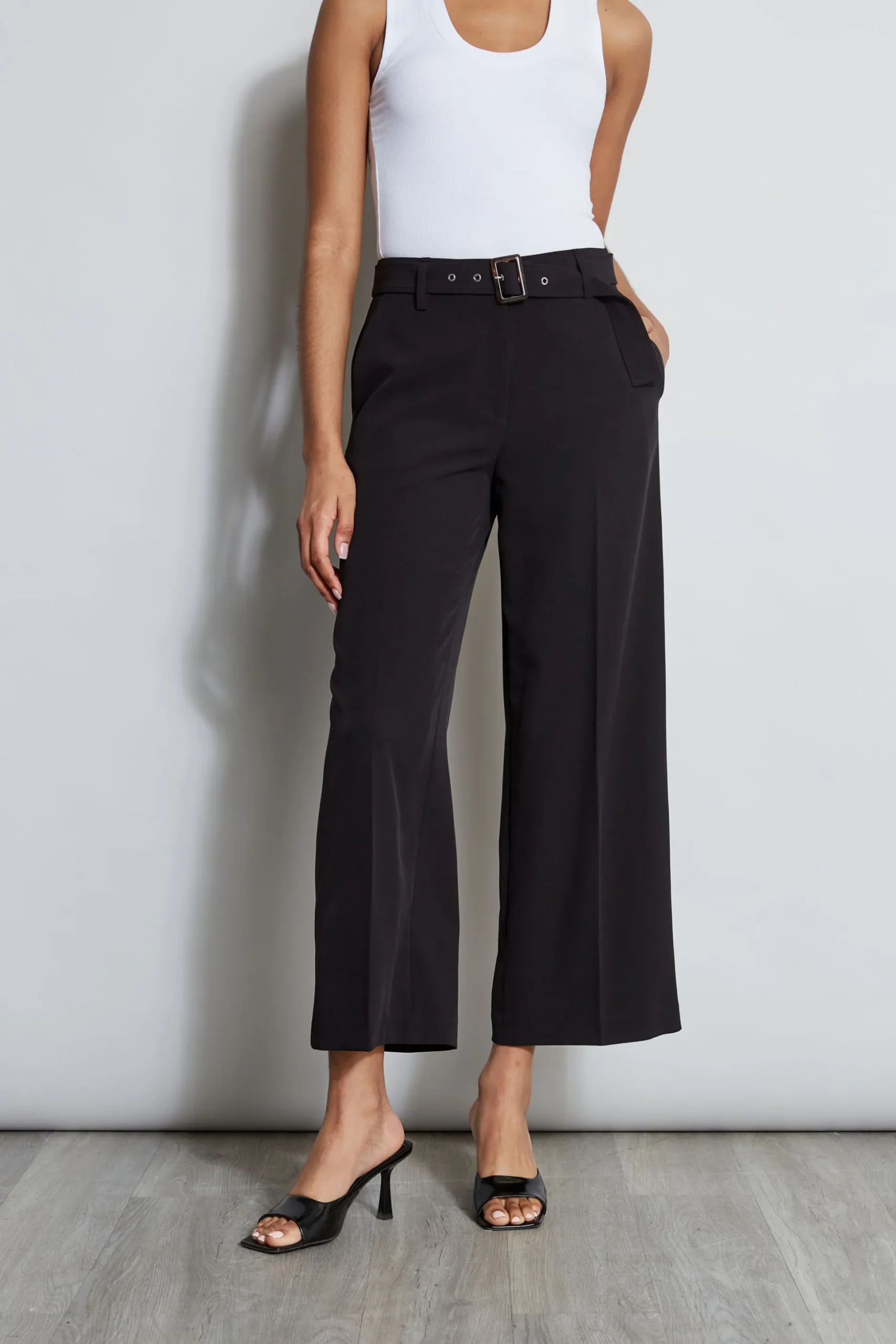 Elie Tahari Bottoms-Wide Leg Cropped Belted Pant NOIR