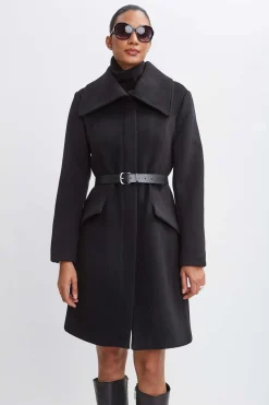 Elie Tahari Coats-Wool Belted Panel Coat BLACK