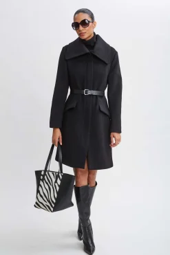 Elie Tahari Coats-Wool Belted Panel Coat BLACK