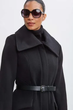 Elie Tahari Coats-Wool Belted Panel Coat BLACK