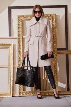 Elie Tahari Coats-Wool Belted Panel Coat ALMOND