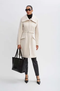 Elie Tahari Coats-Wool Belted Panel Coat ALMOND