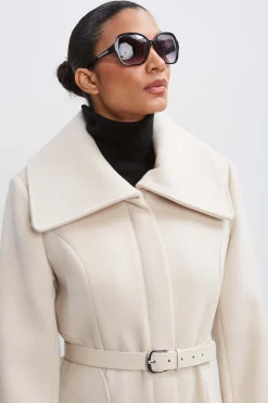 Elie Tahari Coats-Wool Belted Panel Coat ALMOND