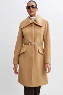 Elie Tahari Coats-Wool Belted Panel Coat TOFFEE