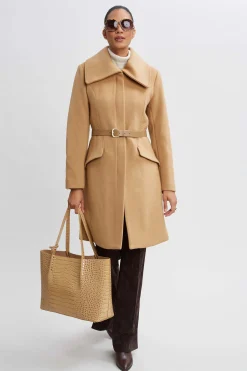 Elie Tahari Coats-Wool Belted Panel Coat TOFFEE
