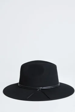Elie Tahari Fragrance|Gloves-Wool Wide Brim Leather Trim Fedora Hat BLACK