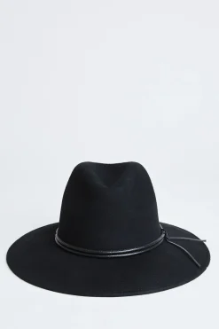 Elie Tahari Fragrance|Gloves-Wool Wide Brim Leather Trim Fedora Hat BLACK