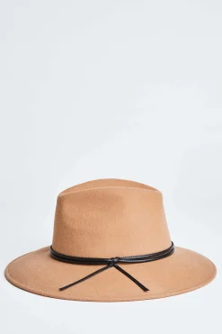 Elie Tahari Fragrance|Gloves-Wool Wide Brim Leather Trim Fedora Hat CAMEL