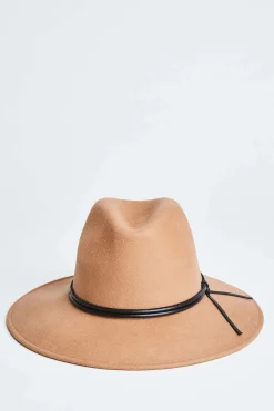 Elie Tahari Fragrance|Gloves-Wool Wide Brim Leather Trim Fedora Hat CAMEL